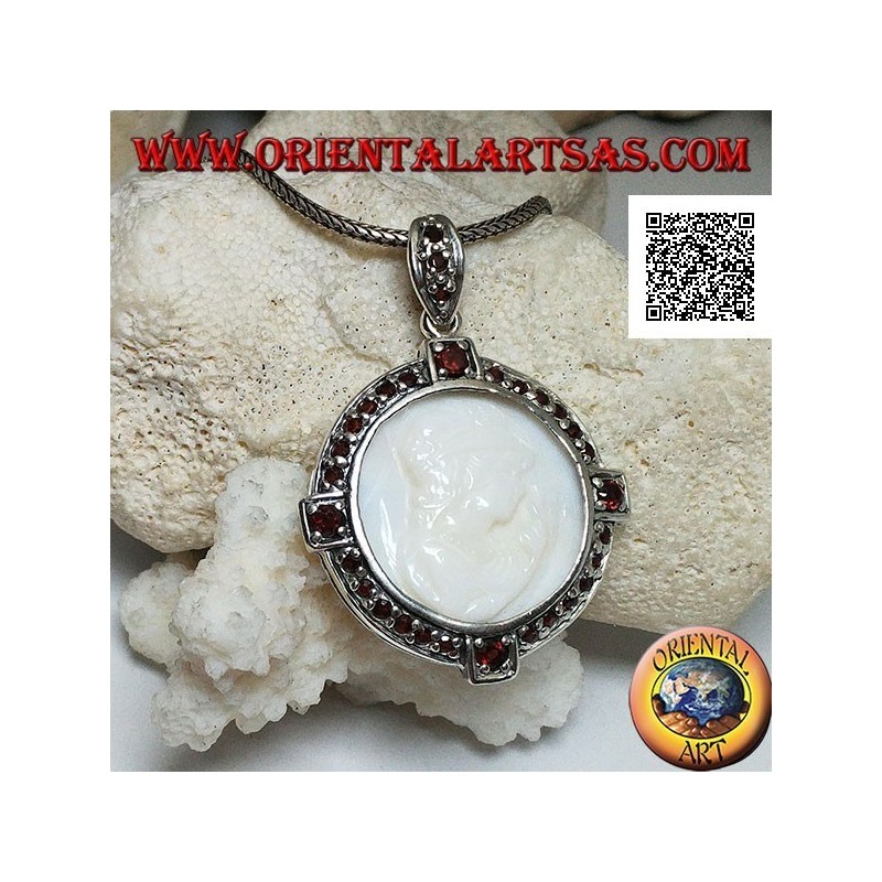 Cameo silver pendant of a young lady on mother of pearl surrounded by garnets