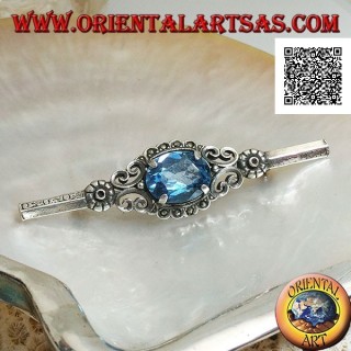 Broche en argent avec topaze bleue sertie de décor impérial avec marcassite sur bâton