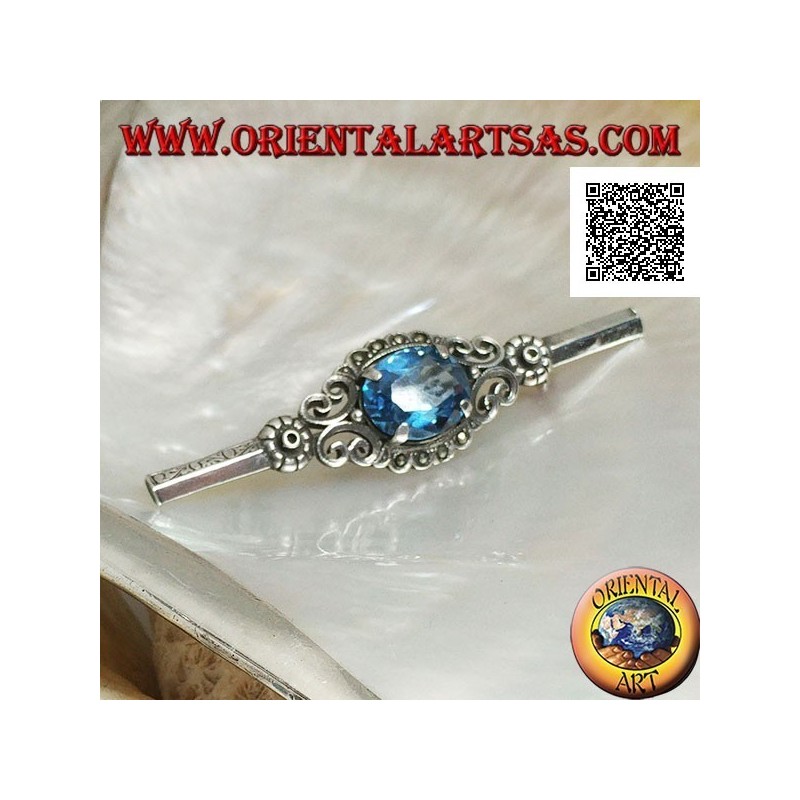 Broche en argent avec topaze bleue sertie de décor impérial avec marcassite sur bâton