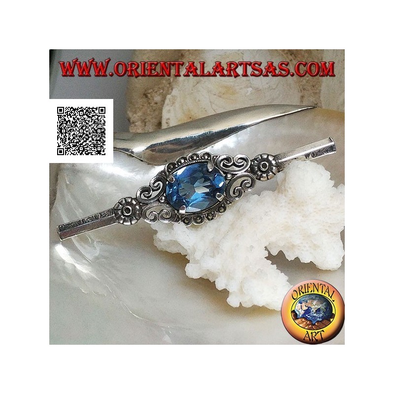 Broche en argent avec topaze bleue sertie de décor impérial avec marcassite sur bâton