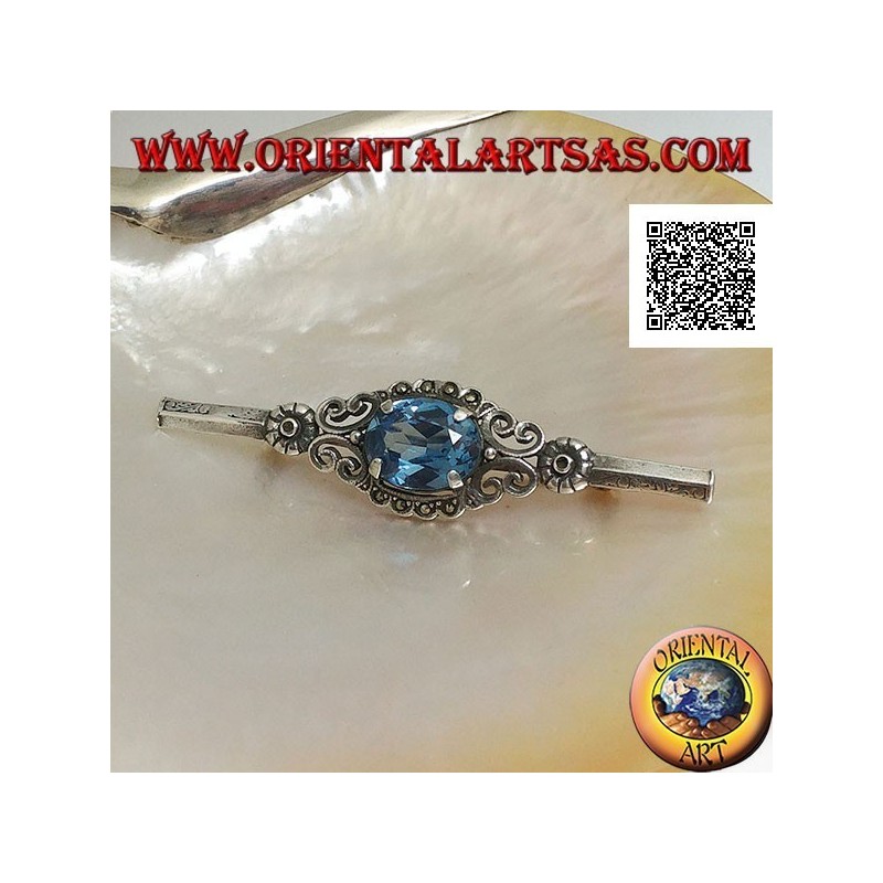 Spilla in argento con topazio azzurro incastonato contornato da decorazione imperiale con marcassite su bastoncino