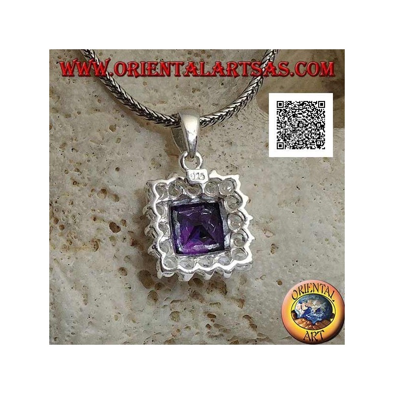 Silver pendant with square amethyst colored zircon set surrounded by white zircons