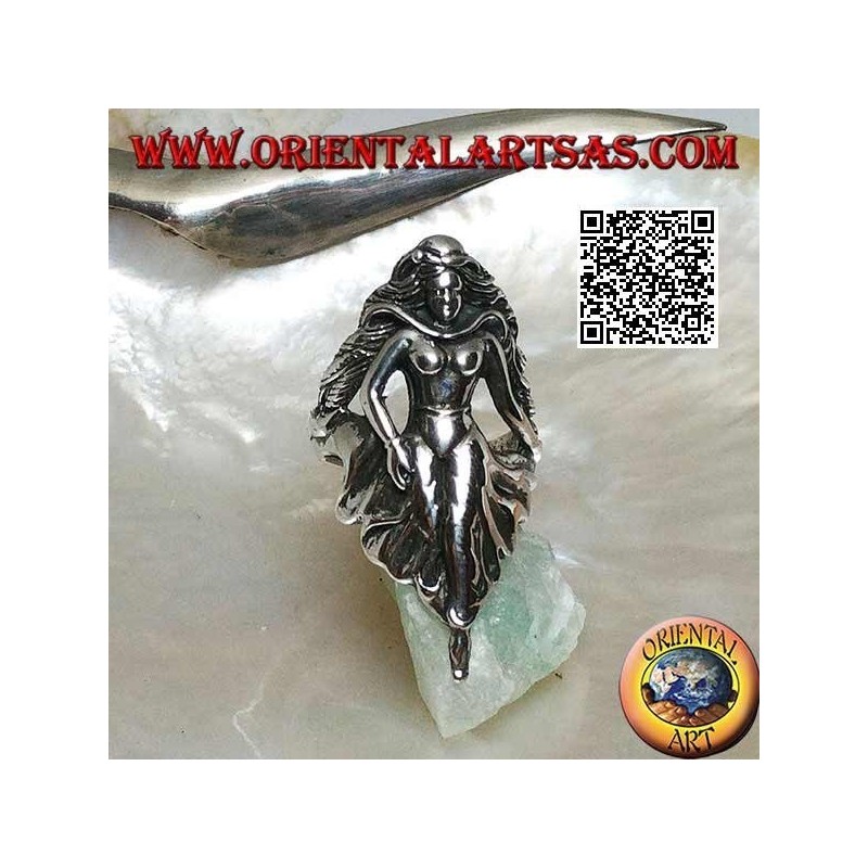 Anillo de plata, hada andante con falda drapeada