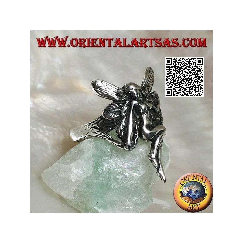 Silver ring, flying fairy in veneration pose