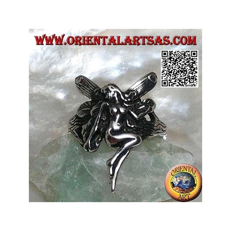 Silver ring, flying fairy in veneration pose