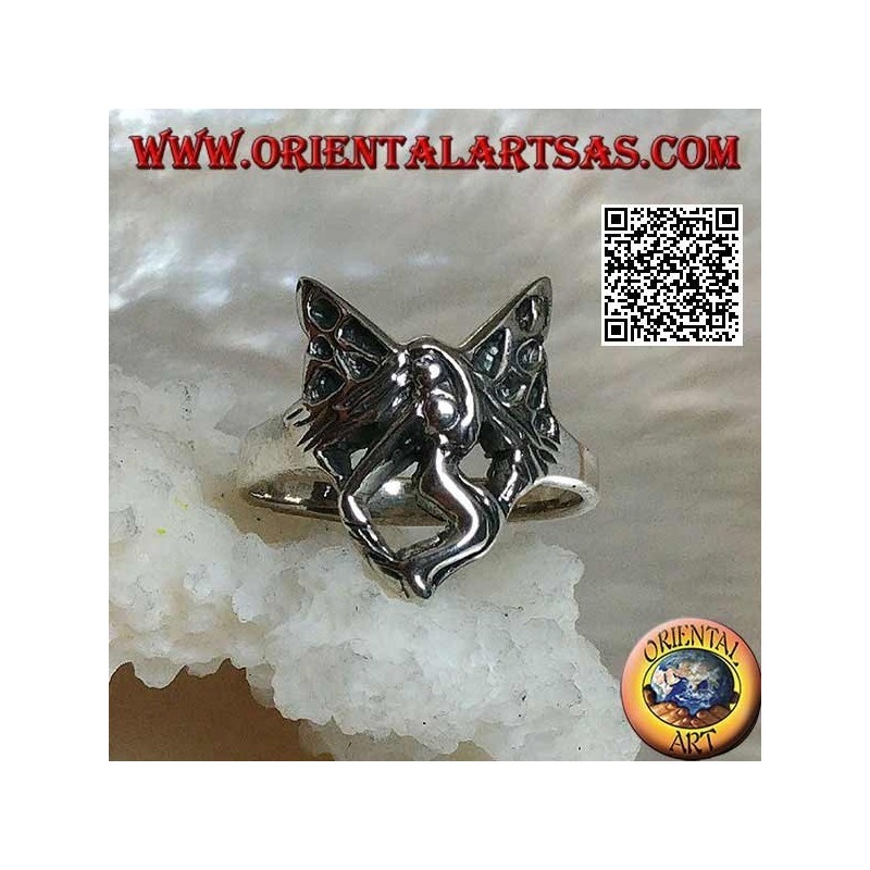 Bague en argent, fée volante trois-quarts stylisée