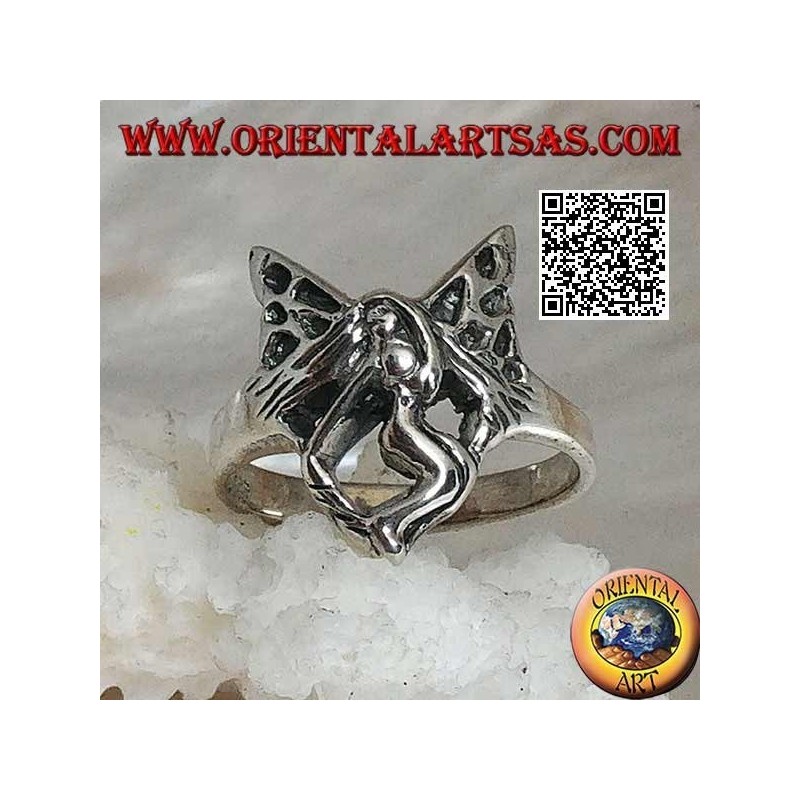 Bague en argent, fée volante trois-quarts stylisée