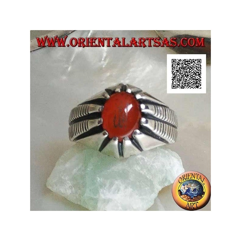 Bague en argent avec cornaline ovale sertie d'écriture arabe islamique "Allah" et lignes sur les côtés