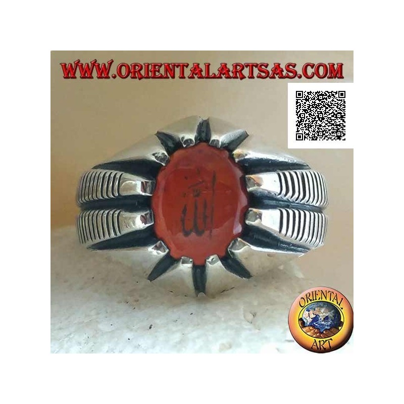 Silver ring with oval carnelian set with Arabic Islamic writing "Allah" and lines on the sides