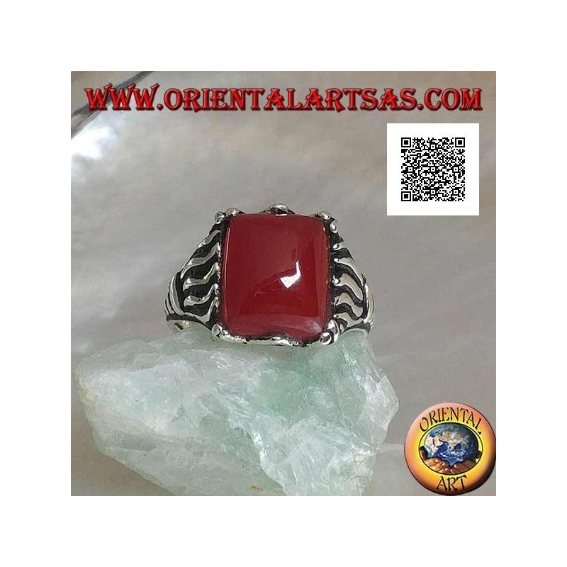 Silberring mit rechteckigem Karneol in Cabochon mit seitlich eingravierten Linien