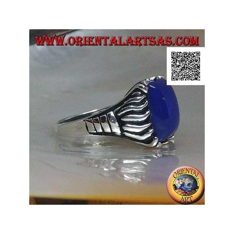 Silver ring with rectangular sodalite set in a cabochon with lines engraved on the sides