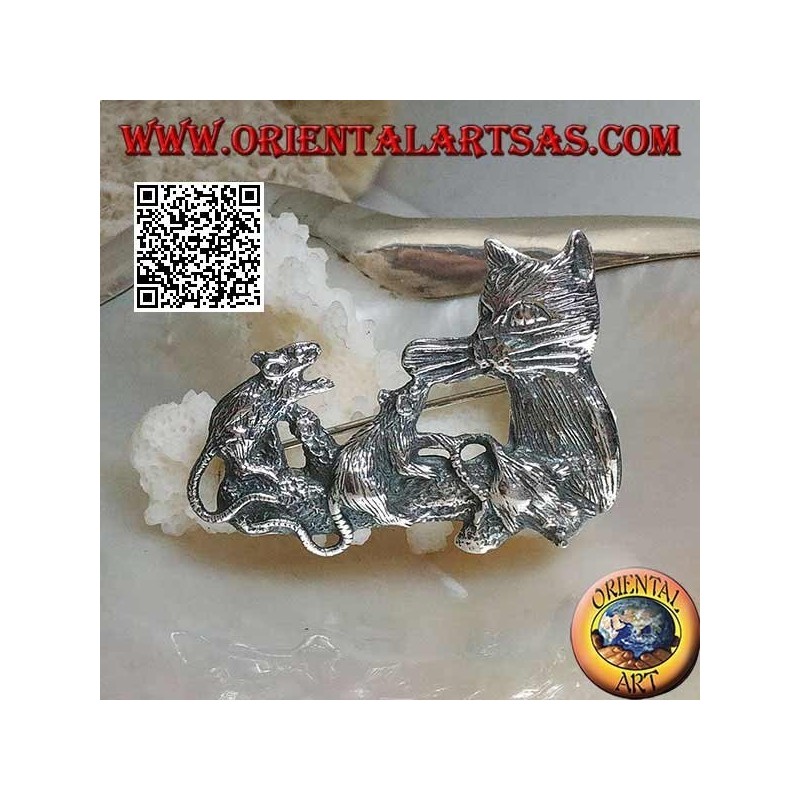 Silver brooch, cat with mice family on the branch