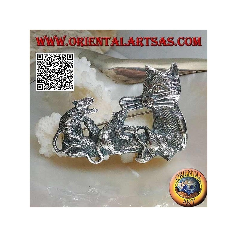 Broche en argent, chat avec famille de souris sur la branche
