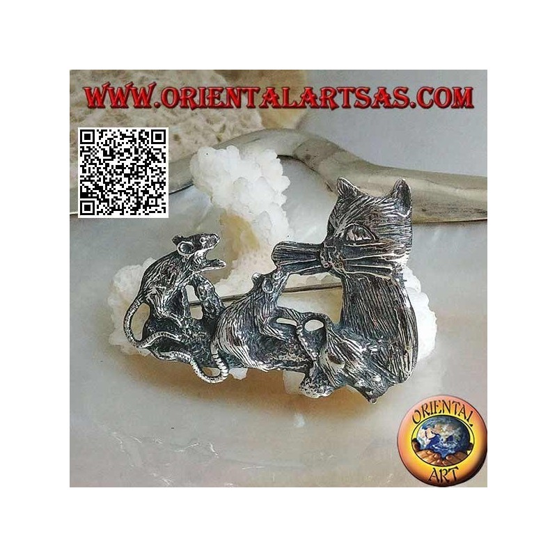 Broche en argent, chat avec famille de souris sur la branche