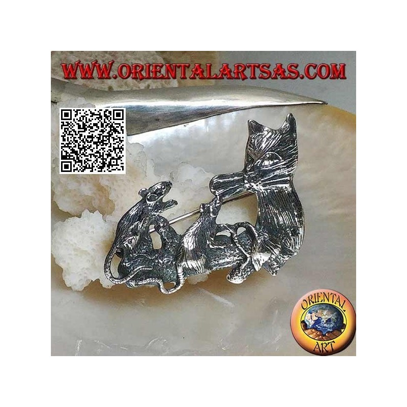 Broche en argent, chat avec famille de souris sur la branche