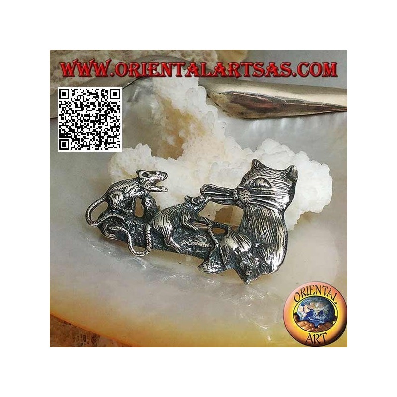 Broche en argent, chat avec famille de souris sur la branche