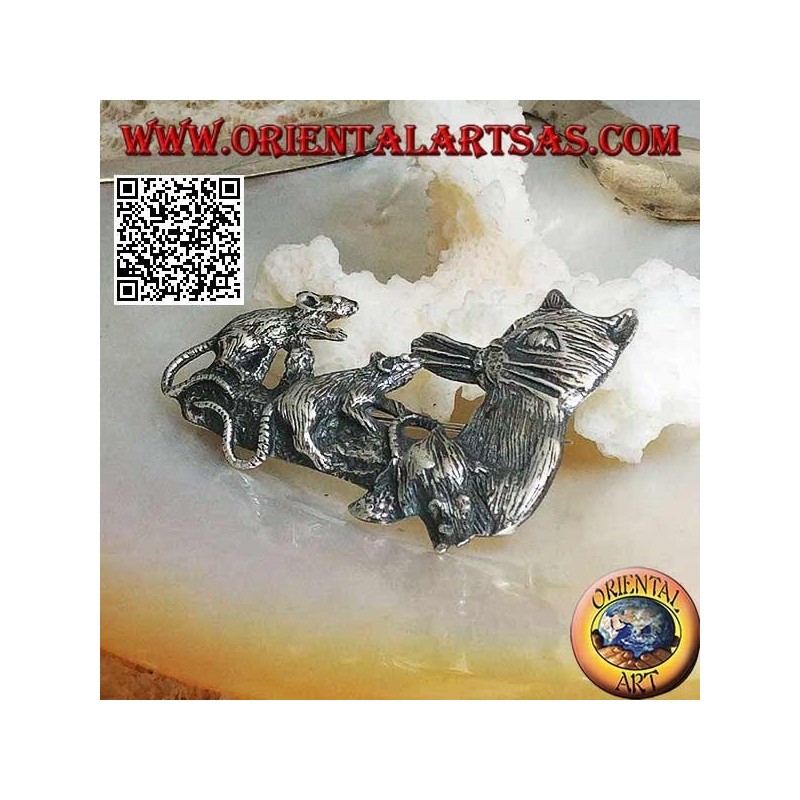 Broche en argent, chat avec famille de souris sur la branche