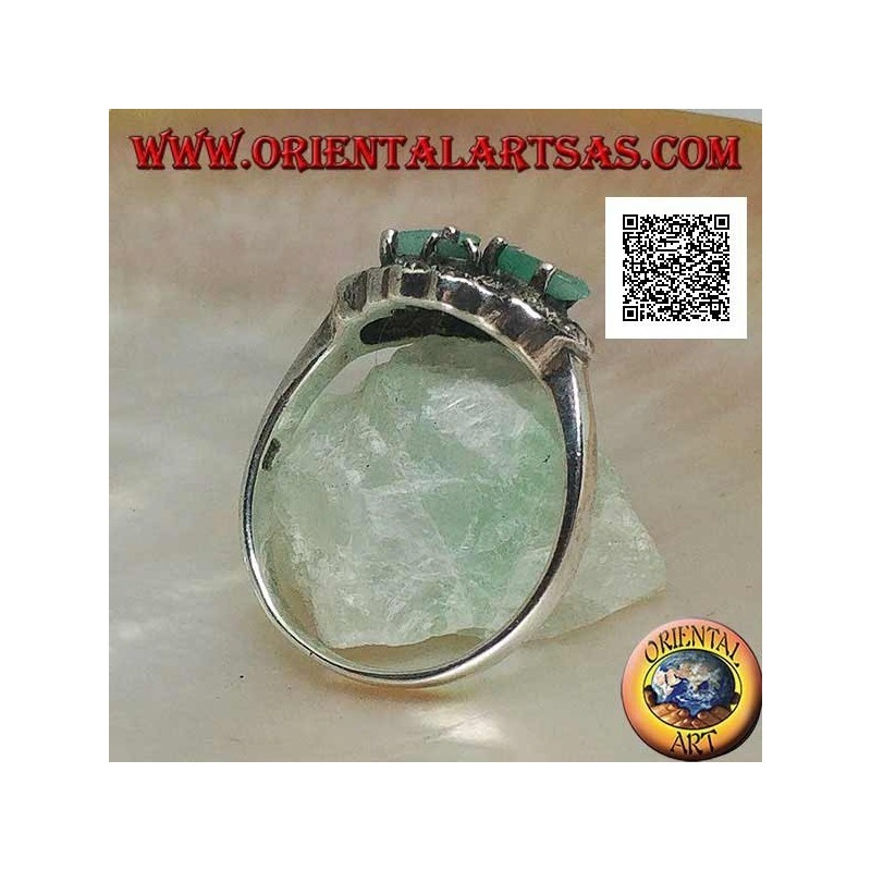 Silver ring with crossed cross pairs of natural shuttle emeralds and round ones surrounded by marcasite