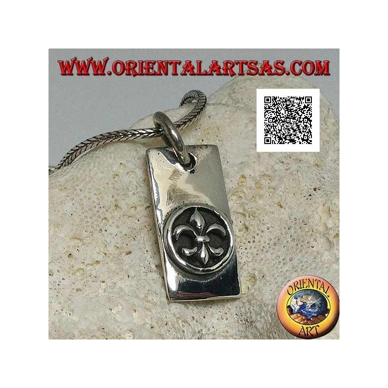 Colgante de plata, placa rectangular gruesa con lirio, figura heráldica, en alto relieve en círculo