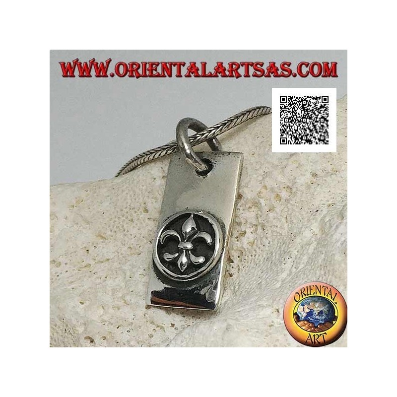 Silver pendant, thick rectangular plate with lily, heraldic figure, in high relief in a circle