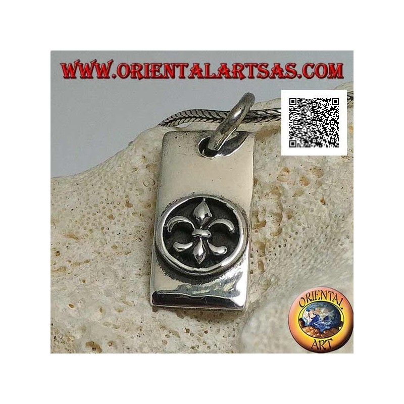 Silver pendant, thick rectangular plate with lily, heraldic figure, in high relief in a circle