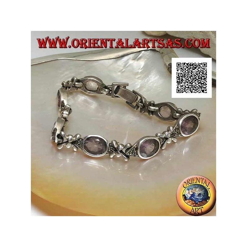Bracciale in argento con 7 navette di marcassite con ametista ovale naturale centrale alternate a crocette d'argento