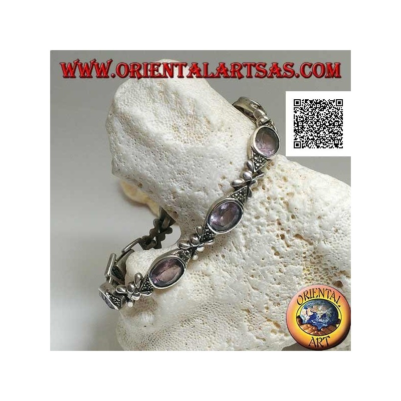 Bracciale in argento con 7 navette di marcassite con ametista ovale naturale centrale alternate a crocette d'argento