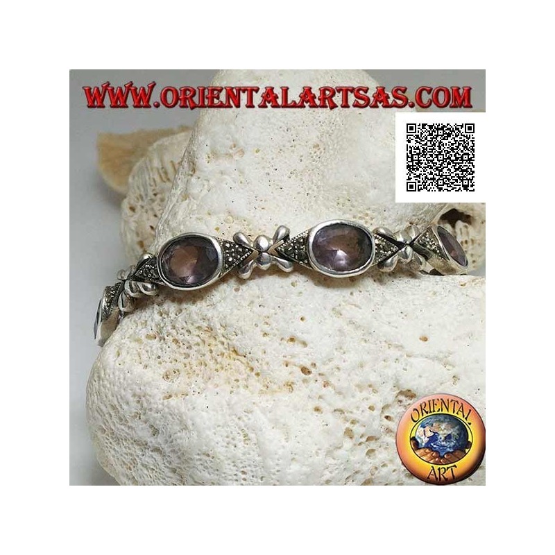Bracciale in argento con 7 navette di marcassite con ametista ovale naturale centrale alternate a crocette d'argento