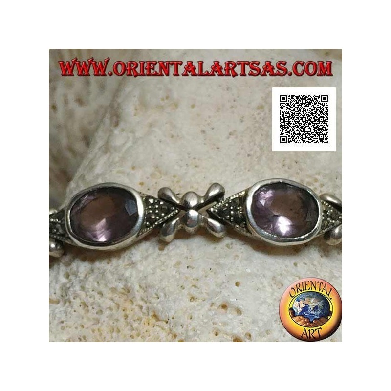 Bracciale in argento con 7 navette di marcassite con ametista ovale naturale centrale alternate a crocette d'argento