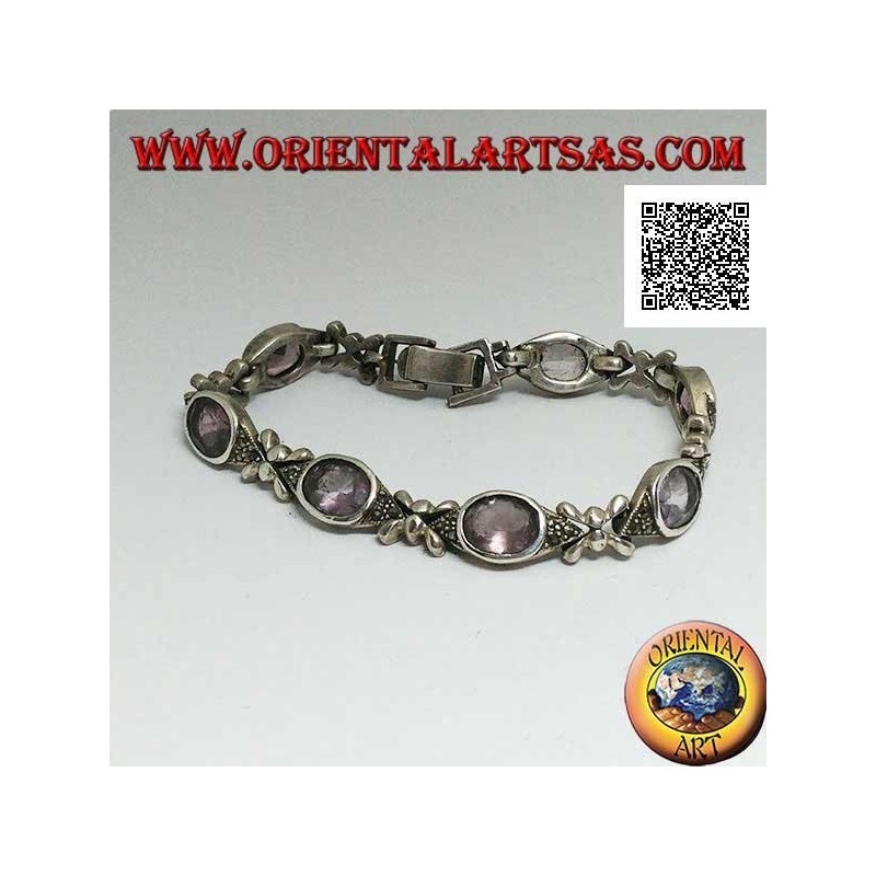 Bracciale in argento con 7 navette di marcassite con ametista ovale naturale centrale alternate a crocette d'argento