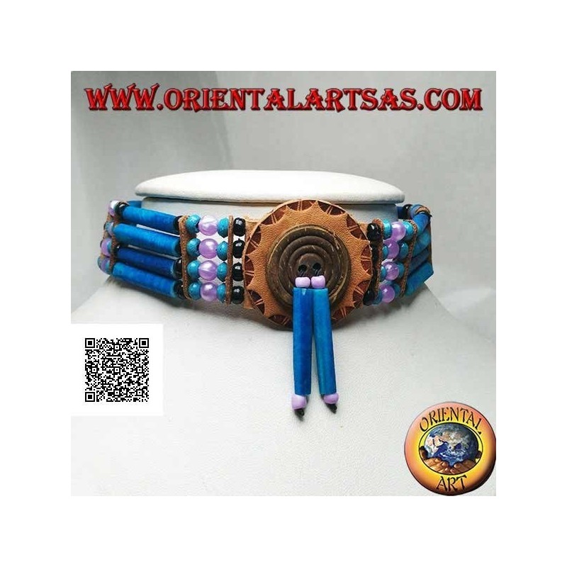 American Indian choker necklace in turquoise leather and bone, black, turquoise and fuchsia beads