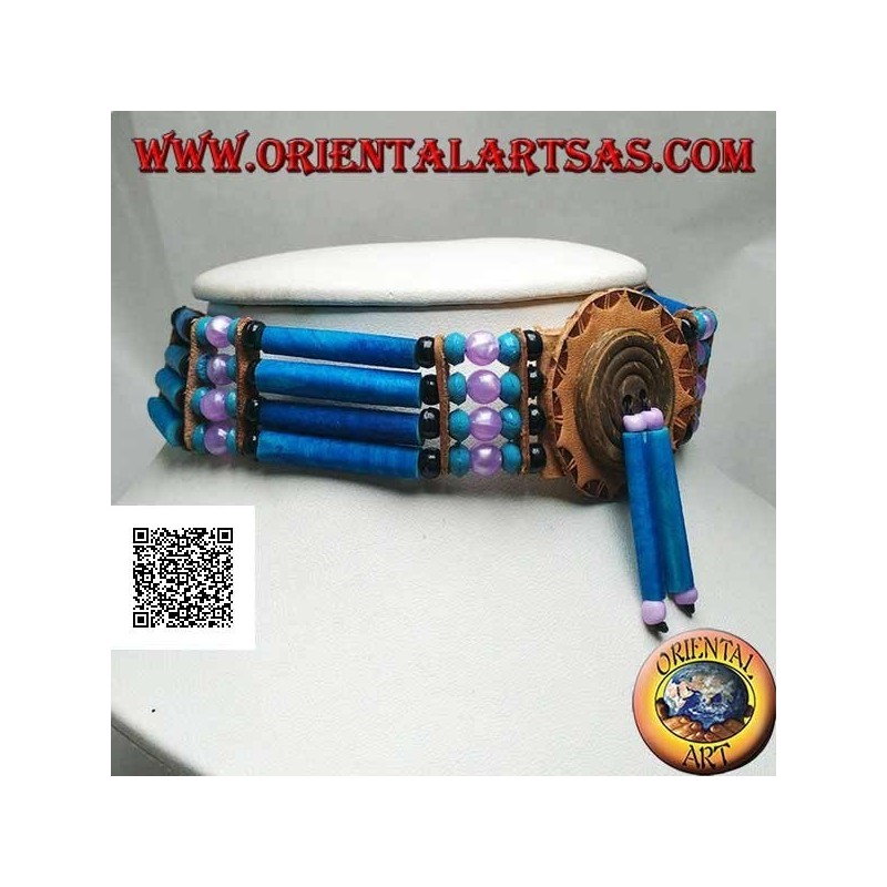 American Indian choker necklace in turquoise leather and bone, black, turquoise and fuchsia beads