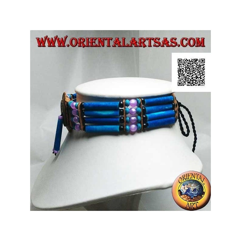 American Indian choker necklace in turquoise leather and bone, black, turquoise and fuchsia beads