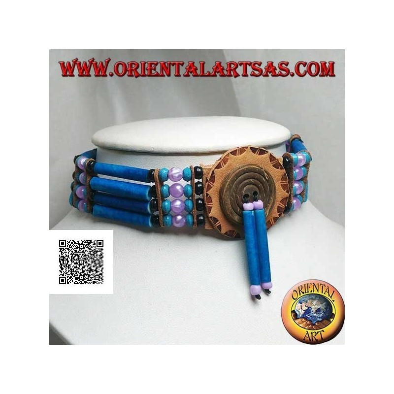 American Indian Choker Halskette aus türkisfarbenem Leder und Knochen, Perlen in Schwarz, Türkis und Fuchsia