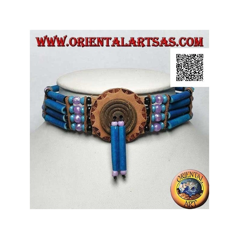 American Indian choker necklace in turquoise leather and bone, black, turquoise and fuchsia beads