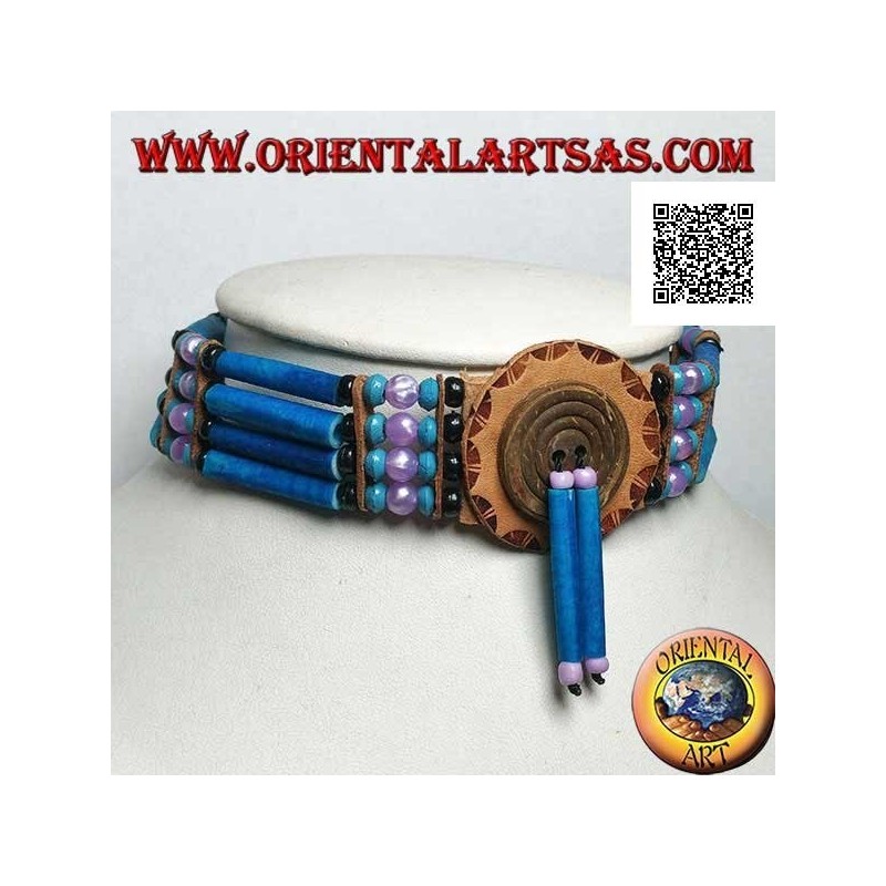 Collier ras de cou amérindien en cuir turquoise et os, perles noires, turquoises et fuchsia