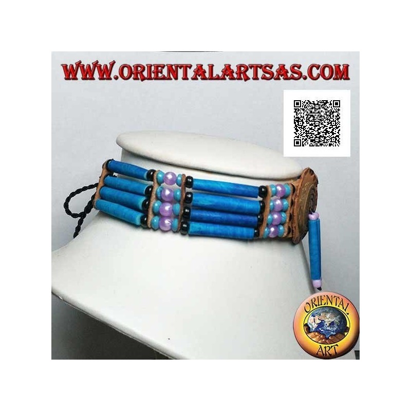 American Indian Choker Halskette aus türkisfarbenem Leder und Knochen, Perlen in Schwarz, Türkis und Fuchsia