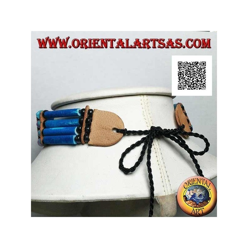 American Indian choker necklace in turquoise leather and bone, black, turquoise and fuchsia beads