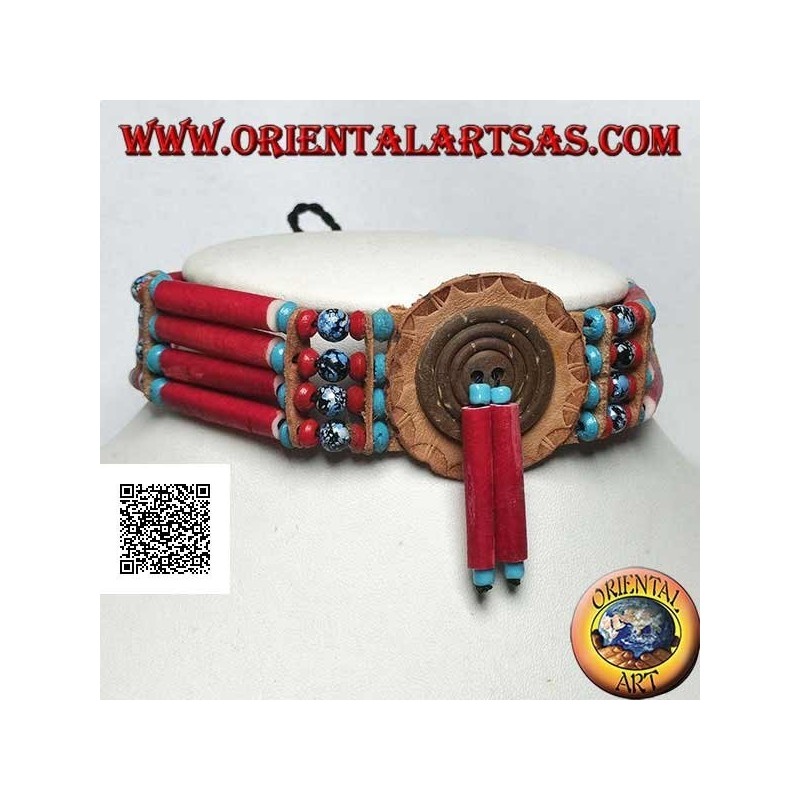 American Indian choker necklace in coral colored bone and marbled black and blue beads