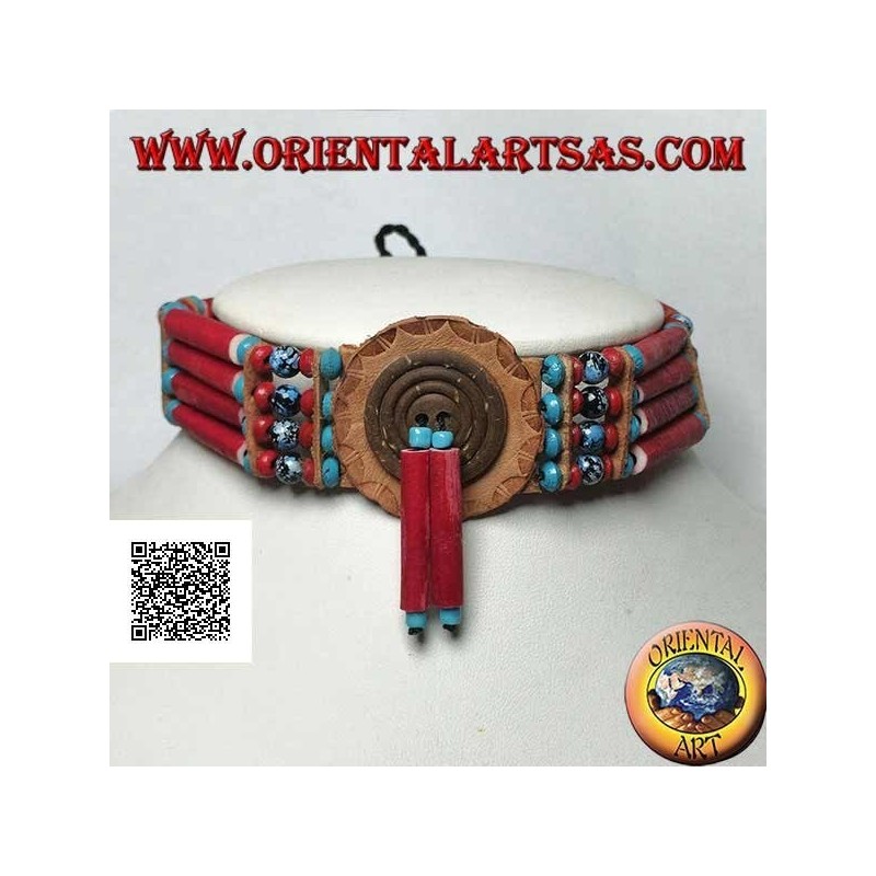 American Indian Choker Halskette aus korallenfarbenen Knochen und marmorierten schwarzen und blauen Perlen