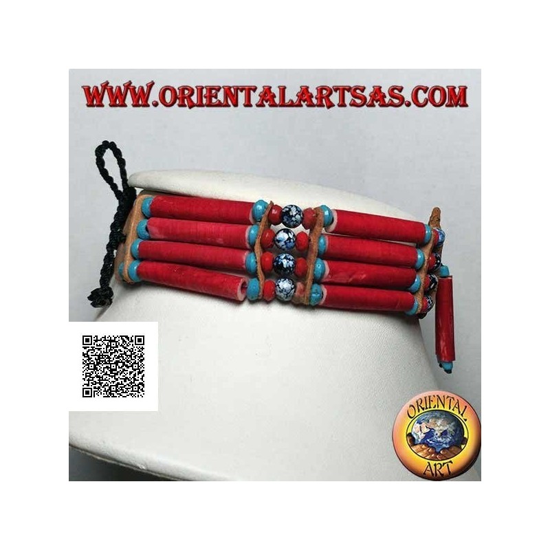 American Indian choker necklace in coral colored bone and marbled black and blue beads