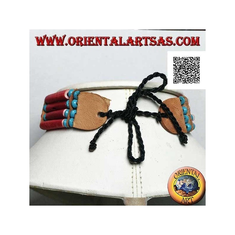 American Indian choker necklace in coral colored bone and marbled black and blue beads