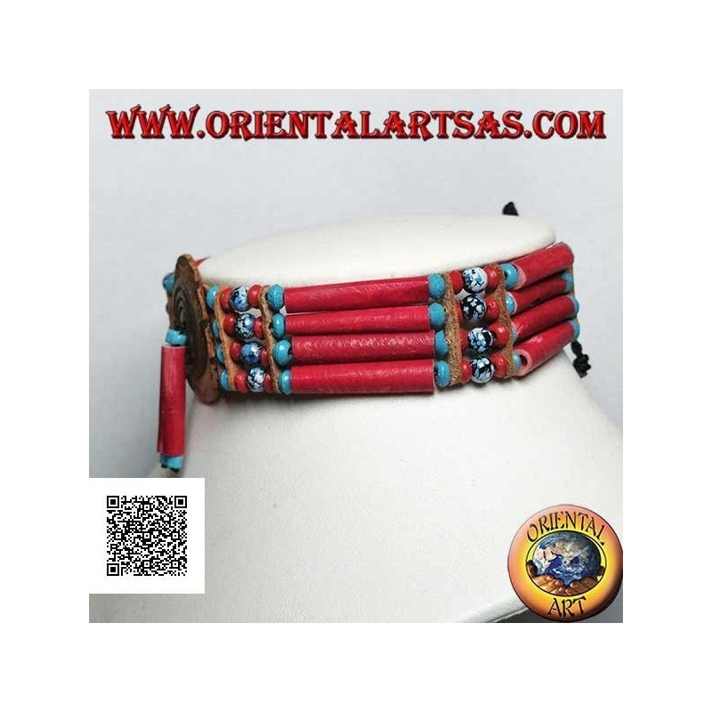 Gargantilla de indio americano en hueso de color coral y cuentas de mármol negro y azul