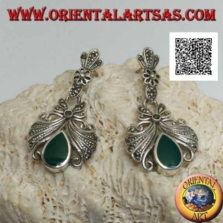 Pendientes de lóbulo plateado con gran lazo tachonado con marcasita colgante y ágata verde