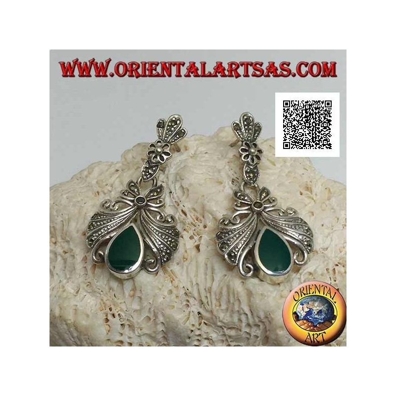 Silver lobe earrings with large bow studded with pendant marcasite and green drop agate