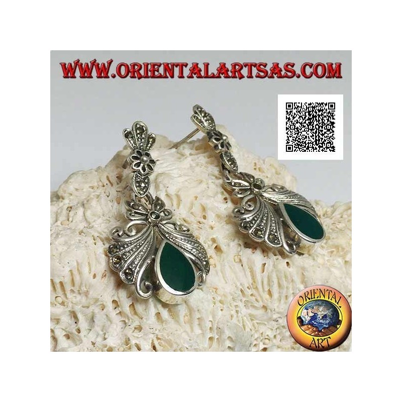 Orecchini in argento da lobo con fiocco grande tempestato di marcassite pendente e agata verde a goccia