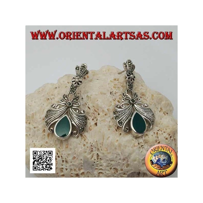 Boucles d'oreilles lobe en argent avec grand noeud parsemé d'un pendentif en marcassite et agate goutte verte