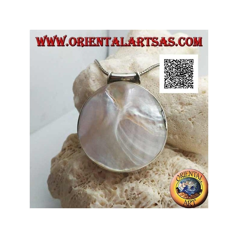 Silver pendant with large round mother-of-pearl on a smooth side frame and tubular hook