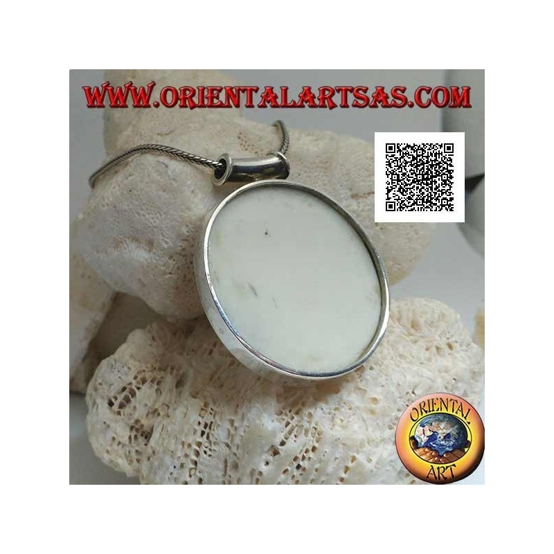 Silver pendant with large round mother-of-pearl on a smooth side frame and tubular hook