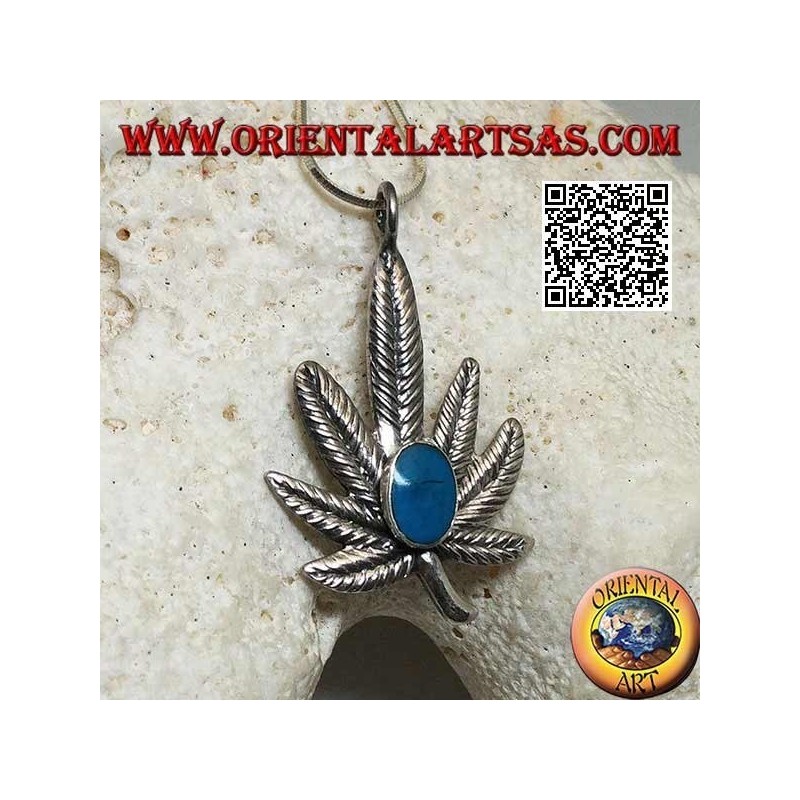 Pendentif en argent en forme de feuille de marijuana avec ovale central turquoise
